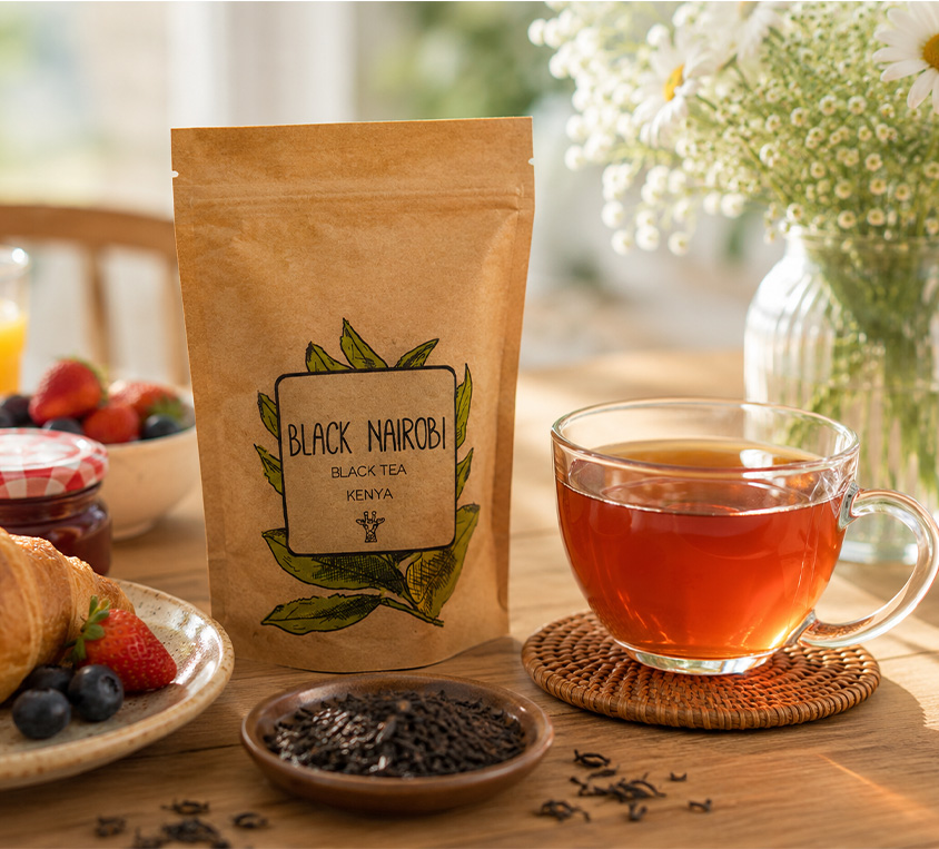 Black Nairobi Leo Tea w opakowaniu doypack